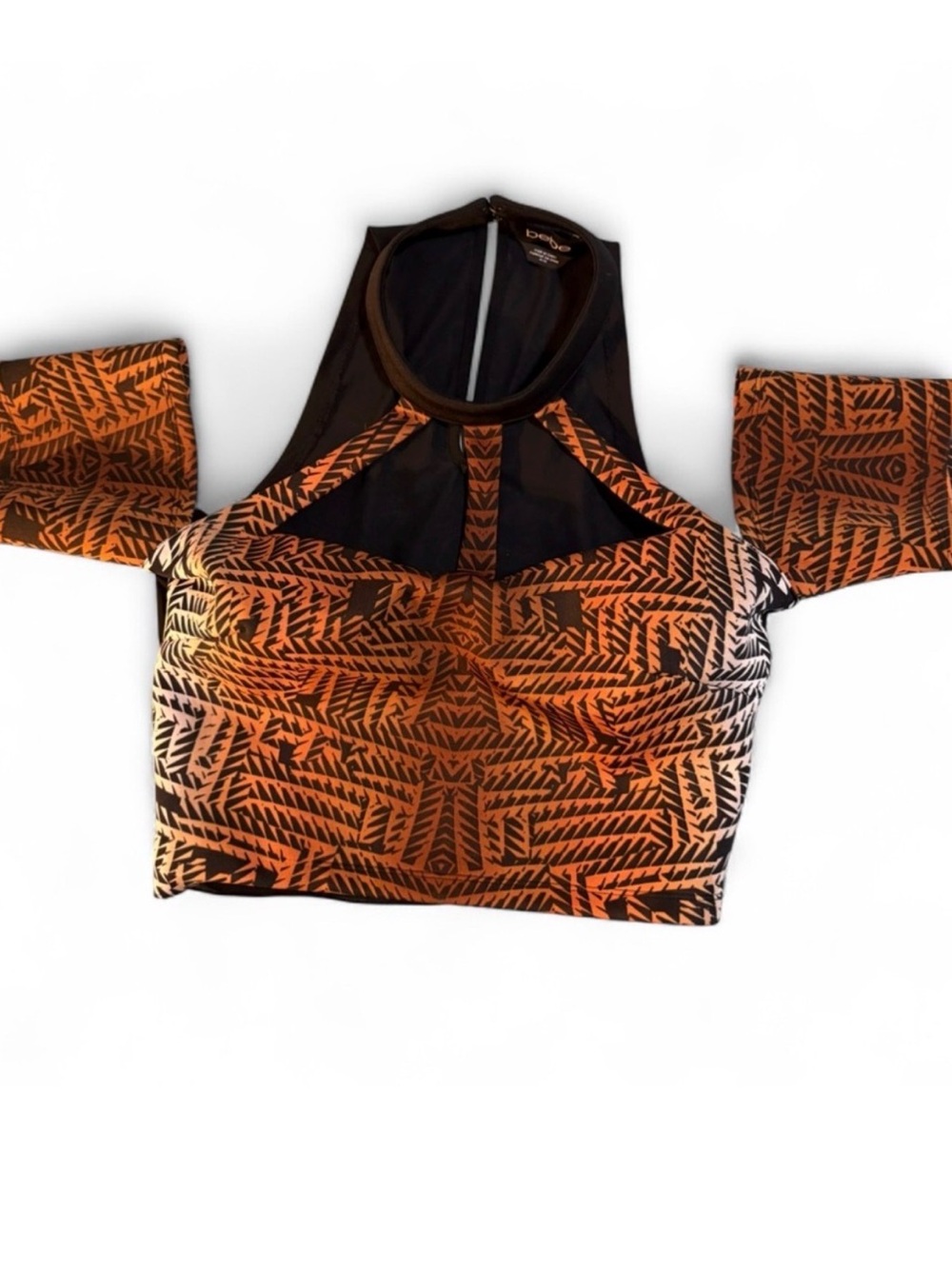 bebe Y2K Brown Black White Geometric Print Halter Crop Top Stretch Medium bodyco